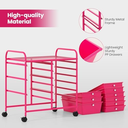 Giantex 9 Drawers Rolling Cart, Classroom Organizers, Storage Cart with Wheels, for Teacher Office Home School Supplies Tool Craft Art Paper, Hot Pink - Image 7