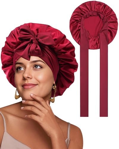 Satin Bonnet for Sleeping Women Silk Sleep Bonnet for Curly Hair Wrap with Elastic Tie Band Night Cap Wine Red by CHLINS