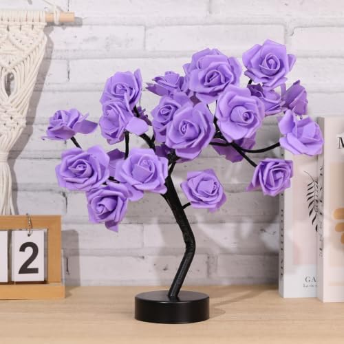 Drawelry Rose Flower Tree Lamp - LED Rose Tree Table Lamp USB/Battery Powered Artificial Bonsai Flower Night Light for Bedroom Living Room Party Wedding Birthday Decor (Purple) - Image 2