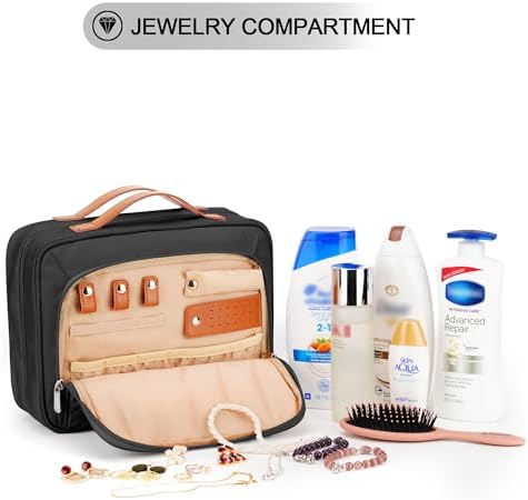 COOSKY Travel Hanging Toiletry Bag for Women, with Jewelry Organizer Compartment, Medium Waterproof Hanging Makeup Accessories, Cosmetic Essentials, Toiletries Dopp Kit Set with Trolley Belt, Black - Image 3