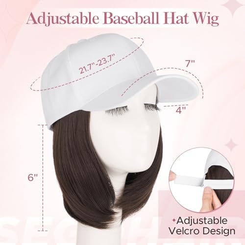 SEGO Baseball Cap with Hair Extensions for Women Heat Resistant Synthetic Hair Attached Short Straight Hairpiece White Baseball Cap Wig Adjustable Hat Wigs for Women 6 Inch 6A Dark Brown - Image 3