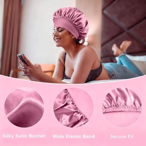 4Pcs Silk Satin Bonnets for Sleeping - Elastic Wide Band Wrap for Black Women Men,Silk Bonnets for Curly Hair Cap for Sleeping (Bean Paste Pink & Black & Purple & Brown) - Image 4