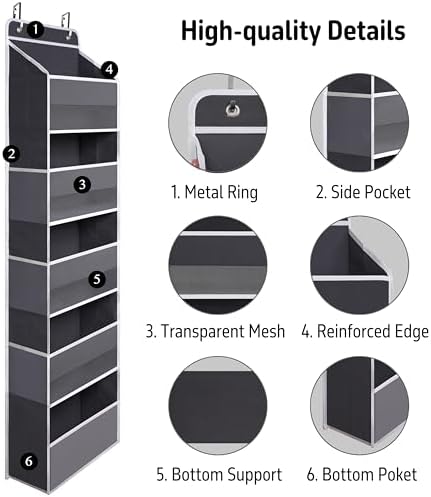 TYMENSH Over the Door Organizer for Bedroom Bathroom Pantry, 5 Shelf Gray - Image 4