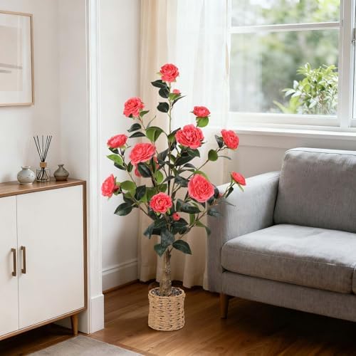 2Pack Artificial Camellia Tree, 3Ft Pink Faux Camellia Plant in Pot - Image 5