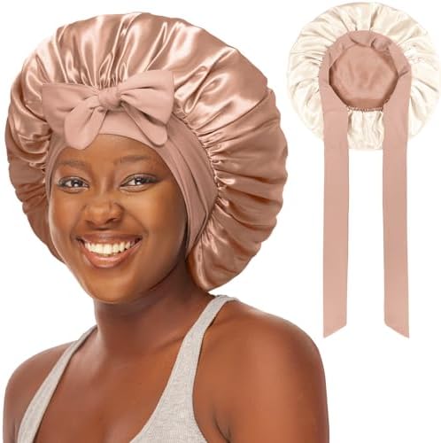 Double-Layered Silky Satin Bonnet with Tie, Large Women Sleep Cap by choshion