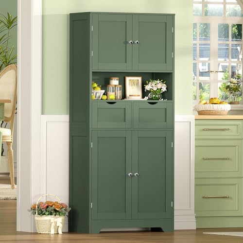Iwell 58" H Tall Bathroom Storage Cabinet with 2 Drawers & 2 Adjustable Shelves, Bathroom Cabinet with 4 Doors, Tall Cabinet for Living Room, Dining Room, Entryway, Forest Green - Image 6