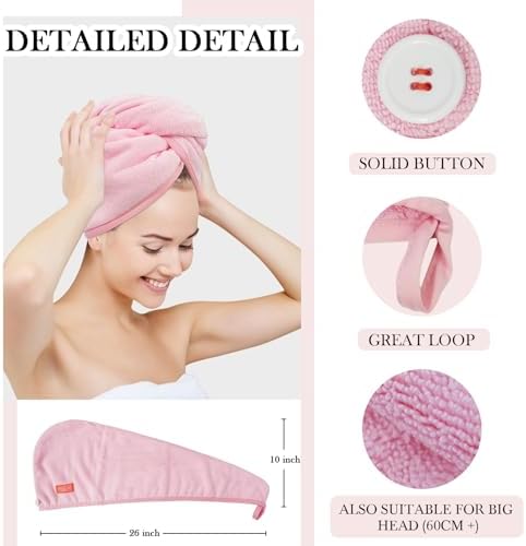 Microfiber Hair Towel Hair Wrap: 2 Pcs 10X26 Hair Dryer Women (Pink) - Image 3