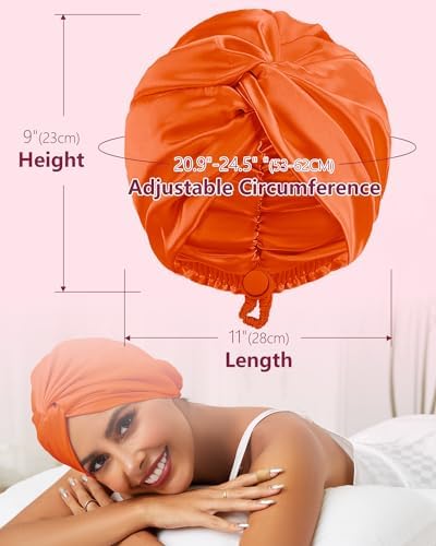 HFRHTGY Adjustable Silk Satin Hair Bonnet for Sleeping, Double Layer Hair Wrap Sleep Cap Turban for Women Men, Curly Straight Braid Unisex (Tangerine Orange 58) - Image 4