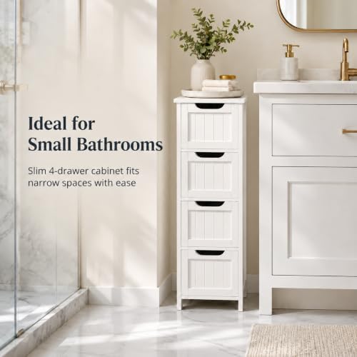 Yaheetech Bathroom Storage Cabinet, 12" W Slim 4-Drawer Design, White - Image 4