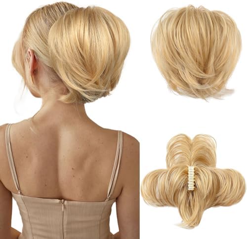 HOOJIH Ponytail Extension, Claw Clip in Straight Messy Hair Bun 9 Inch Short Ponytail Extension with Bendable Metal Wire Hair Pieces for Women Fake Hair Bun DIY Styles - Honey Blonde by HOOJIH