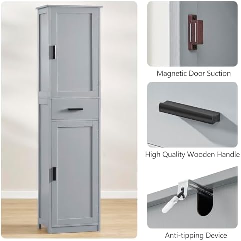usikey 67“ Tall Bathroom Cabinet, Storage Cabinet with 4 Shelves & 2 Doors, Narrow Storage Cabinet for Bathroom, Living Room, Home Office, Greige - Image 7