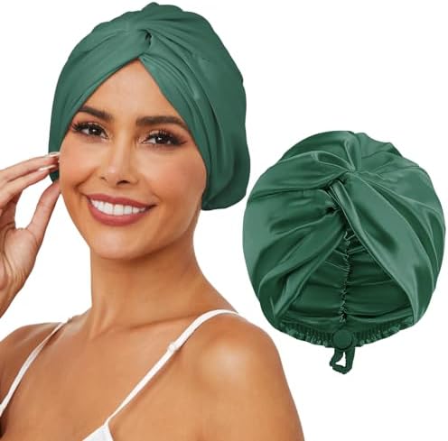 HFRHTGY Adjustable Silk Satin Hair Bonnet for Sleeping, Double Layer Hair Wrap Sleep Cap Turban for Women Men, Curly Straight Braid Unisex (Forest Green 26) by HFRHTGY