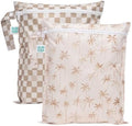 Bumkins Waterproof Wet Bag for Baby, Travel, Swim Suit, Cloth Diapers, Pump Parts, Pool, Beach, Gym Clothes, Toiletry, Hook to Stroller, Daycare, Zip Reusable Wetdry Pack, 2-pk Palm Trees, Beige Check by Bumkins