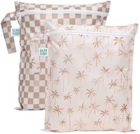 Bumkins Waterproof Wet Bag for Baby, Travel, Swim Suit, Cloth Diapers, Pump Parts, Pool, Beach, Gym Clothes, Toiletry, Hook to Stroller, Daycare, Zip Reusable Wetdry Pack, 2-pk Palm Trees, Beige Check by Bumkins