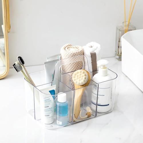 AOZITA Multiuse Caddy Organizer with Handle, Portable Divided Tote Bin - Art Craft, Stationary Pen Marker Crayons, Makeup Hair Supplies Storage - Bathroom, Classroom, Dorm, Office, Desk Holder -Clear - Image 3