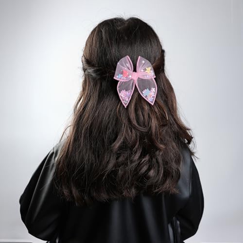 Floral Butterfly Fairy Hair Bow Clips 4" for Girls Women, 2pc Pink Mesh Tulle Shaker Fable Bow Alligator Hairpins, Spring Summer Birthday Wedding Party Dress Accessory Gift - Image 5