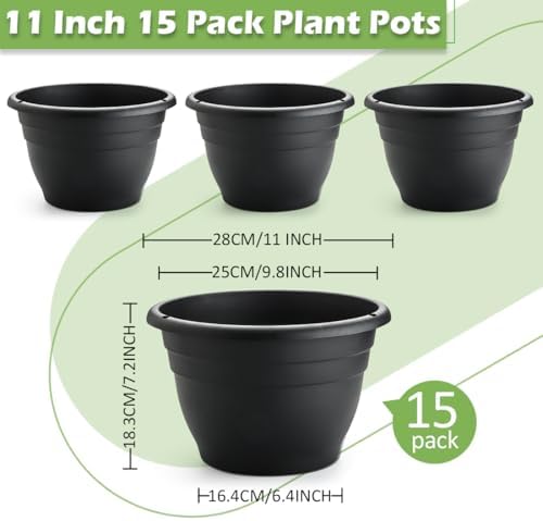 RooTrimmer 15 Pack 11 Inch Plant Pots with Drainage Holes,Black Plastic Flower Pots with Hanging Holes,Durable Planters for Indoor & Outdoor Plants,Nursery Pots - Image 2