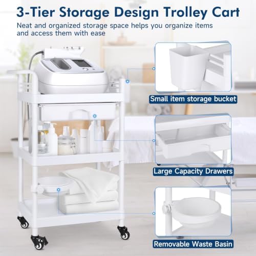 Medical Carts with Wheels 3-Tier Mobile Trolley Cart 100 LBS Max Load Medical Rolling Utility Cart with Drawers Dirt Basin Storage Buckets for Hospital Dental Clinic Lab Salon Home - Image 5