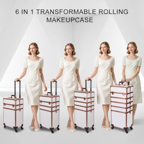 Rolling Makeup Train Case, 6 in 1, White - Image 5