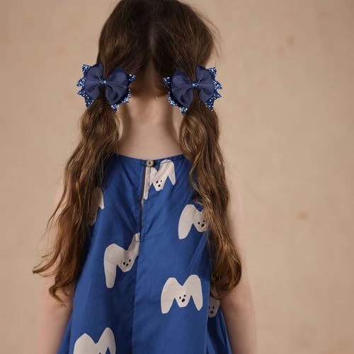 Navy Blue Glitter Hair Bow Alligator Clips 3.5" Aesthetic Ribbon Ponytail Hair Barrettes for Toddler Teen Baby Girls School Kids Birthday Wedding Party Dress Decor Accessories 2pc - Image 5