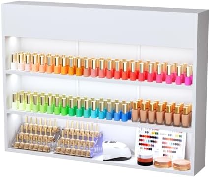 OmySalon Wall Mounted Display Rack, 47.6-Inch 3-Tier LED Nail Polish Organizer Shelf with USB Touch Control, for Nail Salon, Spa, Beauty Studio Storage, Wooden Retail Display (White) by OmySalon