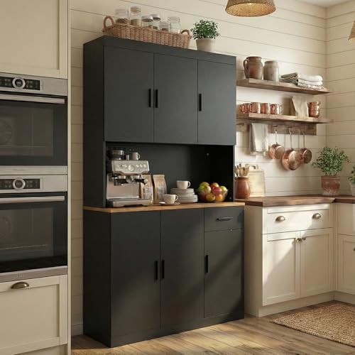 DIYART 71 Inch Black Pantry Cabinet with Power Outlet, Heavy-Duty Freestanding Kitchen Storage Organizer with Reinforced Frame, Pantry Hutch for Kitchen, Dining Room, Living Room by DIYART