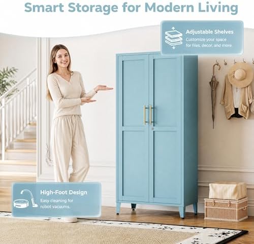 Metal Storage Cabinet with Lock,Blue Steel Tool Cabinet with 3 Adjustable Shelves,61 Tall Freestanding Heavy Duty Garage Locker for Home Office Kitchen 61" H X 27.6" W X 13.8" D - Image 6