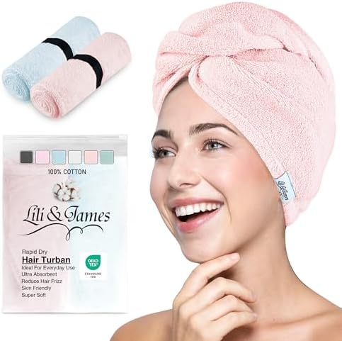 Lili&James 100% Cotton Hair Towel Wrap for Women & Kids – 420 GSM Quick Dry Hair Turban with Double Button Loop, Anti Frizz Non Microfiber Hair Drying Towel for Curly, Long & Thick Hair (Blue+Pink) by LiliJames