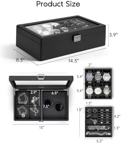 VLANDO 6-Slot Watch Box for Men, Lockable 2-Layer Organizer with Glass Lid, Textured Leather Case for Watches, Rings, Bracelets and Glasses, Gift for Husband or Dad - Image 5