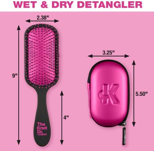 The Knot Dr. hair brush by Conair - Detangling hair brush - Removes Knots and Tangles in wet or dry hair- Black Neon w/Travel Case - Pink - Image 3