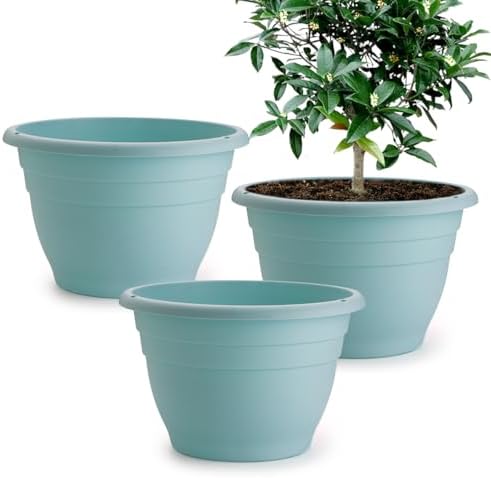 RooTrimmer 3 Pack 11 Inch Plant Pots with Drainage Hole and Plug, Durable Plastic Flower Pots for Indoor & Outdoor Plants, Elegant Mordern Plant Pots Perfect for Herbs, Flowers & Succulents, Blue by RooTrimmer