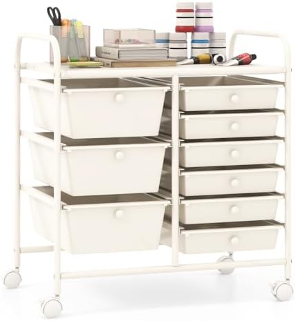 Giantex 9 Drawers Rolling Cart, Classroom Organizers, Storage Cart with Wheels, for Teacher Office Home School Supplies Tool Craft Art Paper, Ivory by Giantex