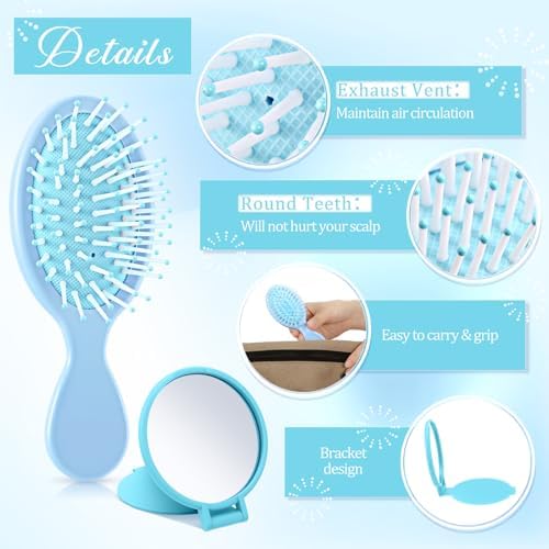 Meanplan 24 Pcs Mini Hair Brush Set 12 Travel Wet Dry Hair Combs Pocket Detangling 12 Compact Folding Makeup Mirrors for Spa Sleepover Birthday Bridal Shower Bachelorette Christmas Party Gift(Blue) - Image 3