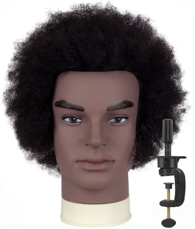 6"Afro Male Mannequin Head 100% Human Hair Curly Hair 4A Type for Braiding Hairdresser Training Head Cosmetology Afro Hair Manikin Head for Practice Styling Cornrow Braiding with Clamp Stand by DIRUISI