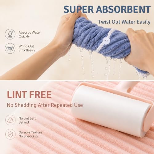 2 Pack Microfiber Hair Towel Wraps, Quick Dry Turbans, Pink & Blue - Image 3