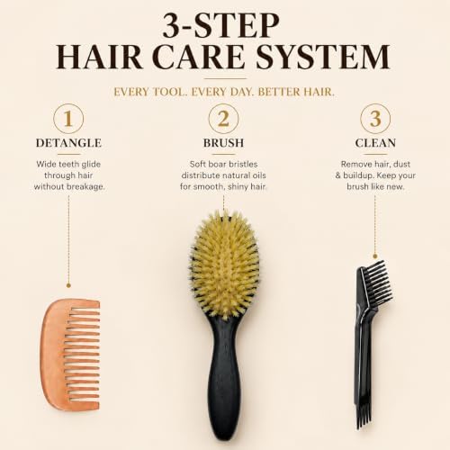 100% Boar Bristle Hair Brush for Fine Hair, Soft Boar Bristle Oval Cushion Brush for Girls & Women with North American Oak Wood Handle, Wide Tooth Comb & 2-in-1 Cleaning Tool for Daily Shine, Black - Image 4