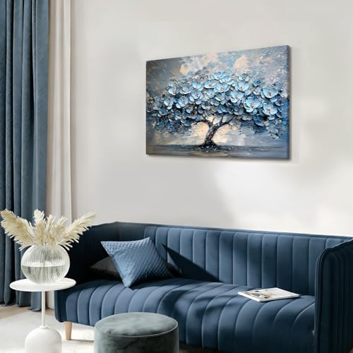 EEYNAQQ Blue Floral Tree Wall Art, 3D Textured Tree of Life Canvas Painting, Abstract Nature Flower Wall Decor for Living Room Bedroom, 16x24 Inches Ready to Hang - Image 7