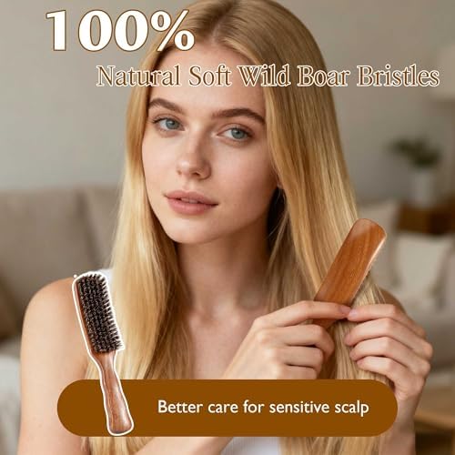 STYLEMATE Wild Boar Bristle Slick Back Hair Brush, Large Soft Bristle Hair Brushes for Thin & Fine Hair, Natural Sapele Wooden Handle Hairbrush for Women Men - Image 2
