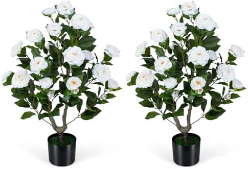Goplus 35.5’’ Artificial Camellia Tree, Flower Plants Artificial Tree by Goplus
