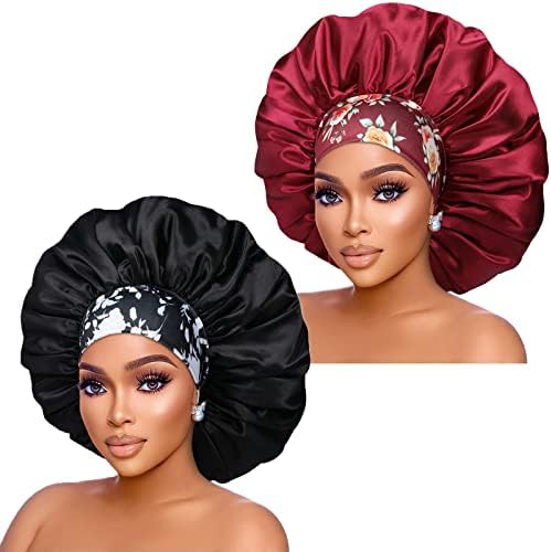 Silk Satin Bonnet Hair Cap: 2pcs 17inch Diameter Extra Large Jumbo Sleeping Satin Bonnets with Comfortable Flower Band - High Density Bonnets for Women Braids Curly Night Cap (Black & Red) by IsshinBeauty