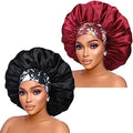 Silk Satin Bonnet Hair Cap: 2pcs 17inch Diameter Extra Large Jumbo Sleeping Satin Bonnets with Comfortable Flower Band - High Density Bonnets for Women Braids Curly Night Cap (Black & Red) by IsshinBeauty