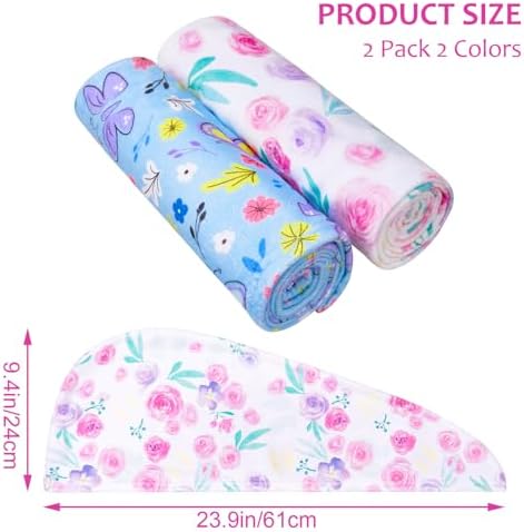Basumee Microfiber Hair Towel Wrap for Kids 2 Pack Rapid Drying Hair Towel with Button Hair Turbans for Wet Hair Wraps Head Towel Wrap for Women and Girls, Flower - Image 6