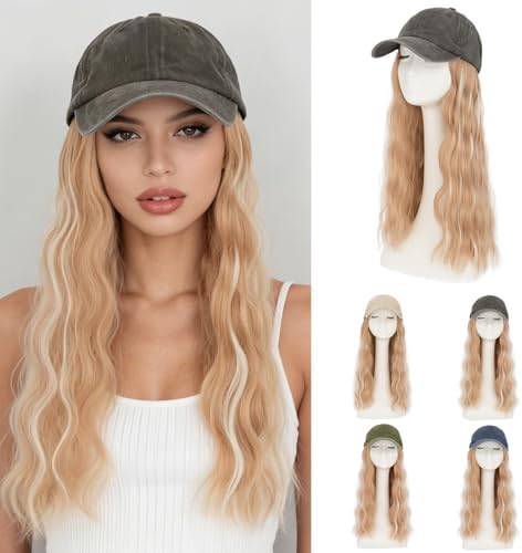 Rich Choices Hat Wigs for Women,Dark Gray Baseball Cap with Hair Extensions for Women,Caps with Wavy Curly Long Hair Attached Adjustable Baseball Cap Wig 18 Inch Highlighted Honey Blonde Hair by RichChoices