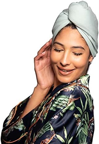 T-Shirt Hair Plopping Towel for All Textures - Cotton Blend Water Absorption Turban with Secure Button - Moisture Gentle Styling and Setting Wrap - Sage by KISMETICS