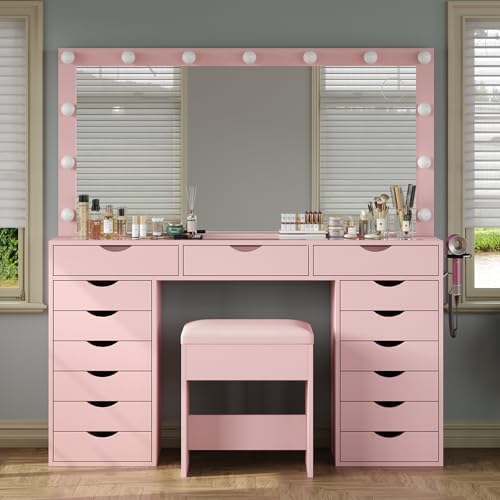 Yanosaku 15 Drawers Vanity Desk with Power Outlet, Makeup Table with Mirror and 13 LED Lights, 3 Color Lighting Modes, Brightness Adjustable, Glass Top Dressing Table, Vanity Set for Bedroom, Pink by Yanosaku