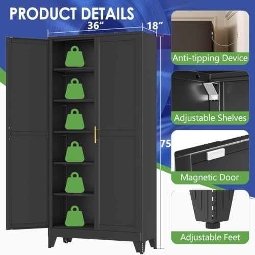 75" Metal Garage Storage Cabinet with 2 Doors and 5 Adjustable Shelves,Metal Storage Cabinets,Steel Tool Cabinets for Home,Office,Garage,Warehouse (Black, 75''H x 36''W x 18''D) - Image 3