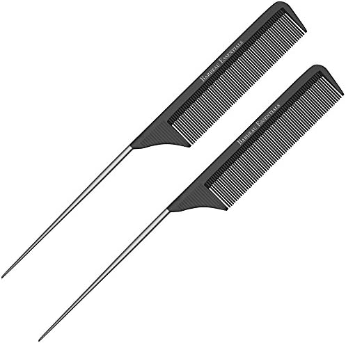 Professional 8.8 Inch Tail Comb (2 Pack) - Black Carbon Fiber And Stainless Steel Tail Comb - Anti Static And Heat Resistant - Lightweight For All Hair Types By Bardeau Essentials by Salon+Grade+Styling+Combs