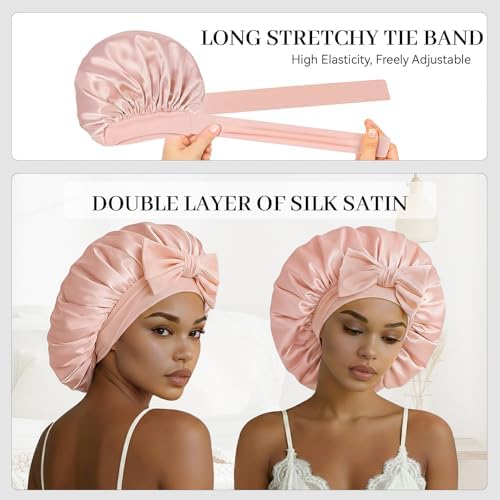 Silk Bonnet for Sleeping Satin Hair Bonnet Double Layer Adjustable Sleep Cap with Elastic Tie Band - Image 5