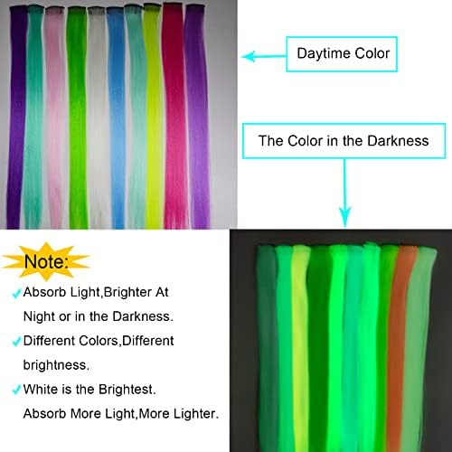 Ms Aloe 10 Pcs Glow in Dark Clip in Hair Extensions - 22inch Colorful Synthetic Rainbow Glow in The Dark Hair Accessories for Women - Image 3