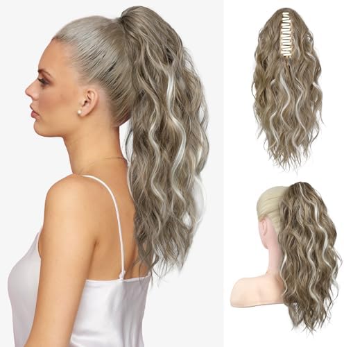 FLUFYMOOZ Ponytail Extension, 18 Inch Claw Clip Ponytail Extension, Wavy Curly Claw Clip in Ponytail Hair Extensions, Natural Ponytail Synthetic Hairpiece for Women (Ash Brown with Blonde Highlights) by Flufymooz
